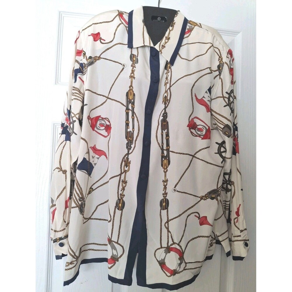 Vintage 80s TALBOTS Silk Blouse Sz  12  Nautical Tassels Chains Ropes Lighthouse